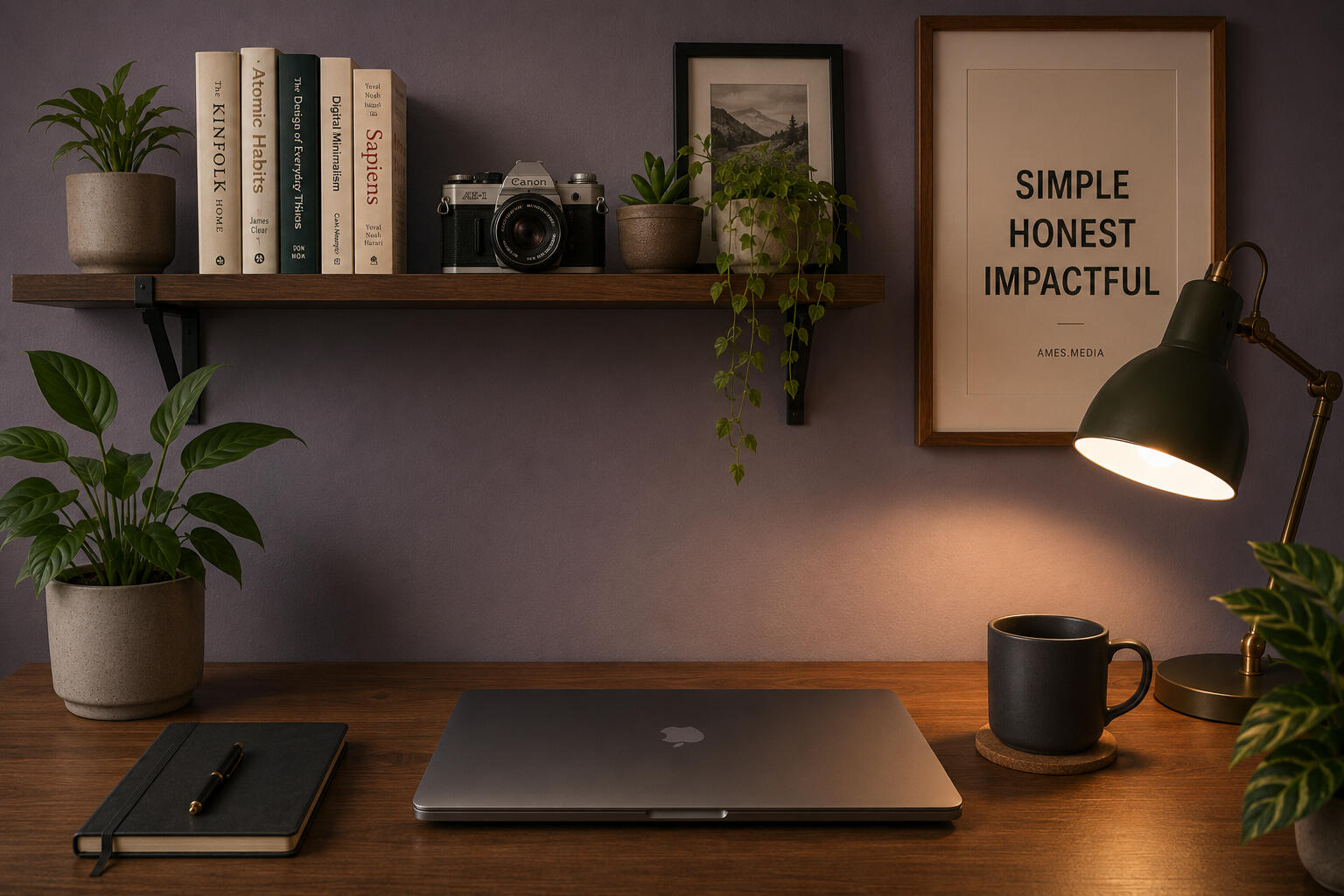 Illustrated workspace with desk, shelf, laptop, and objects